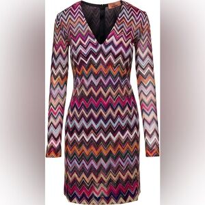 Missoni Zig Zag Lame Multicolor Raschel Midi Dress Long Sleeves sz 46